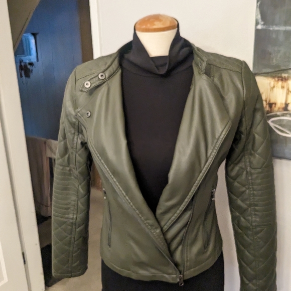 Vegan Leather Olive Green Moto jacket size M - Picture 6 of 12